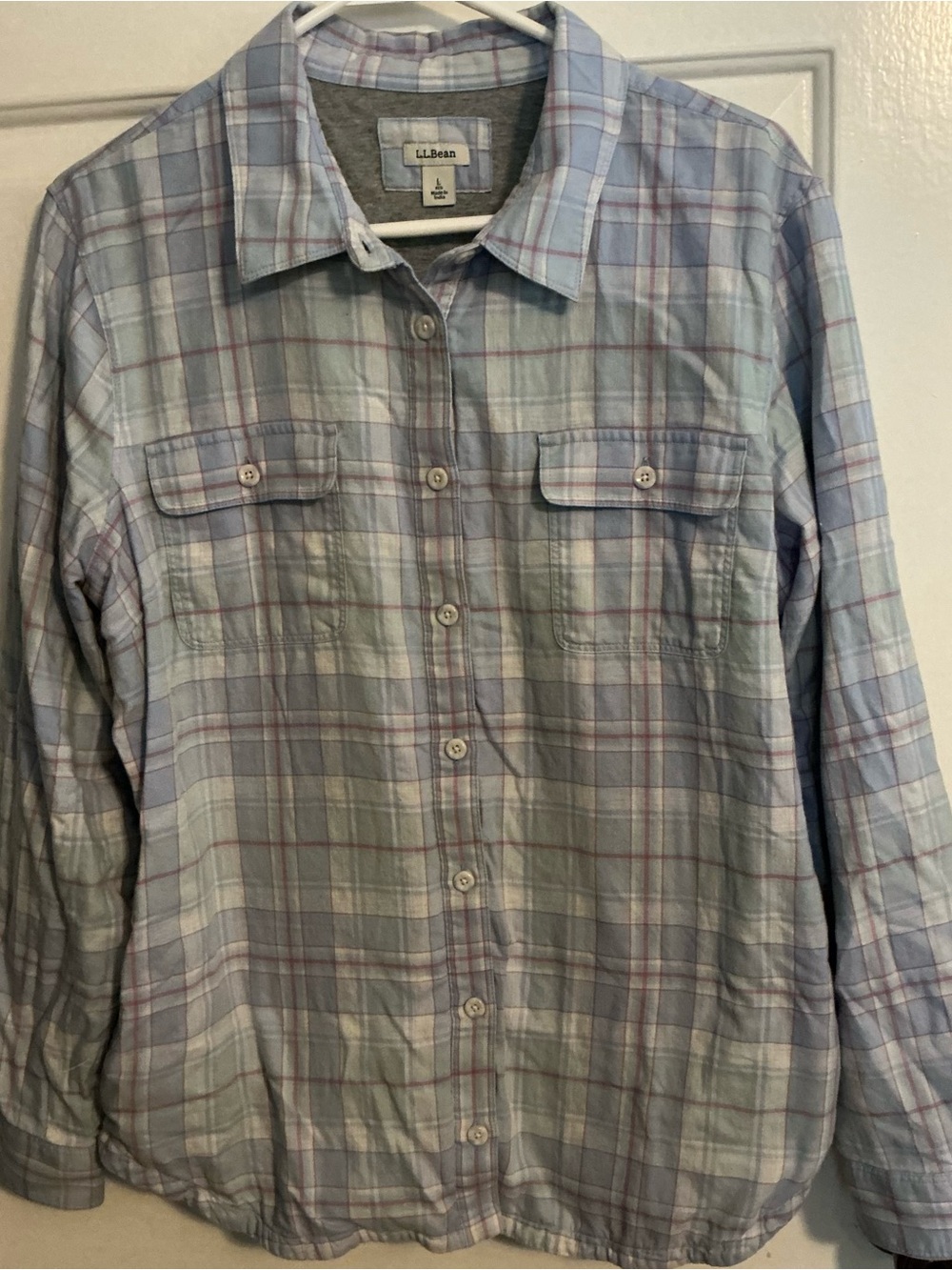 LL BEAN Women's Flannel Shacket Size Large Plaid Blue Jersey Lined Shirt 290385